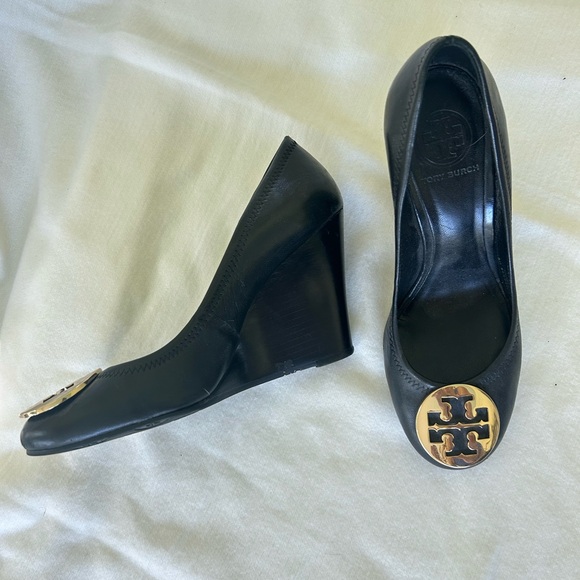 Tory Burch Black Wedge Heels with Gold Logo. Sz 7 - Picture 2 of 9